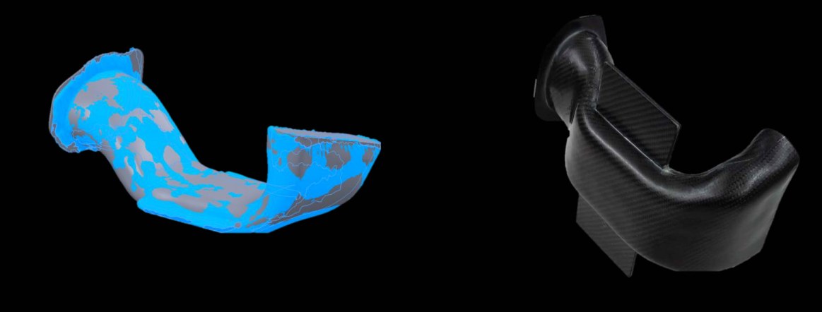 3D scan data of a curved duct shown as a colour deviation map, next to the finished carbon-fiber duct.