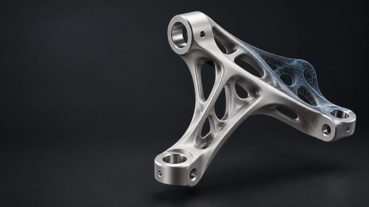 Illustrative metal mounting bracket transitioning from digital wireframe to solid component.
